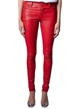 AG Adriano Goldschmied The Farrah Skinny High-Rise Ankle Coated Jeans – Red – Si